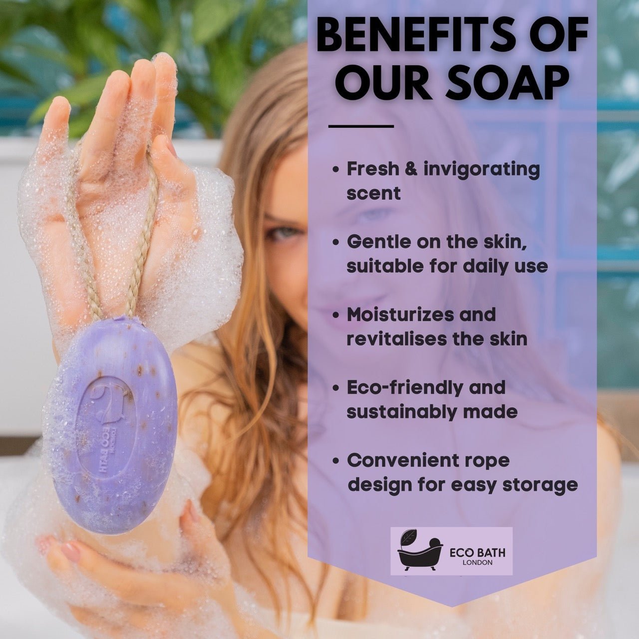 Lavender Soap on A Rope 220g - Luxurious and Eco Friendly Relaxing Body Wash Bar - Miola