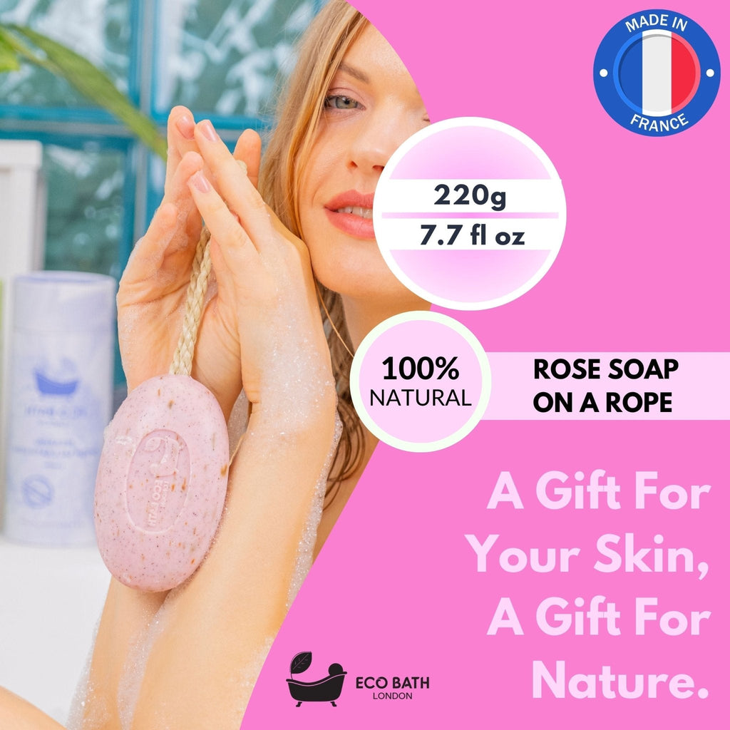 Rose Soap on A Rope 220g - Luxurious and Eco Friendly Body Wash Bar with Shea Bu - Miola