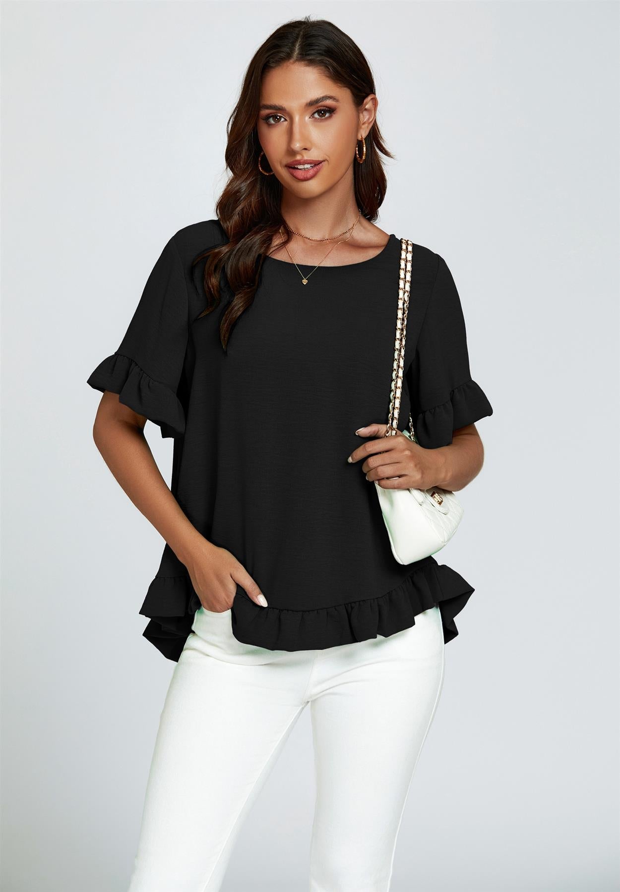 Frill Detail Short Sleeves Top In Black