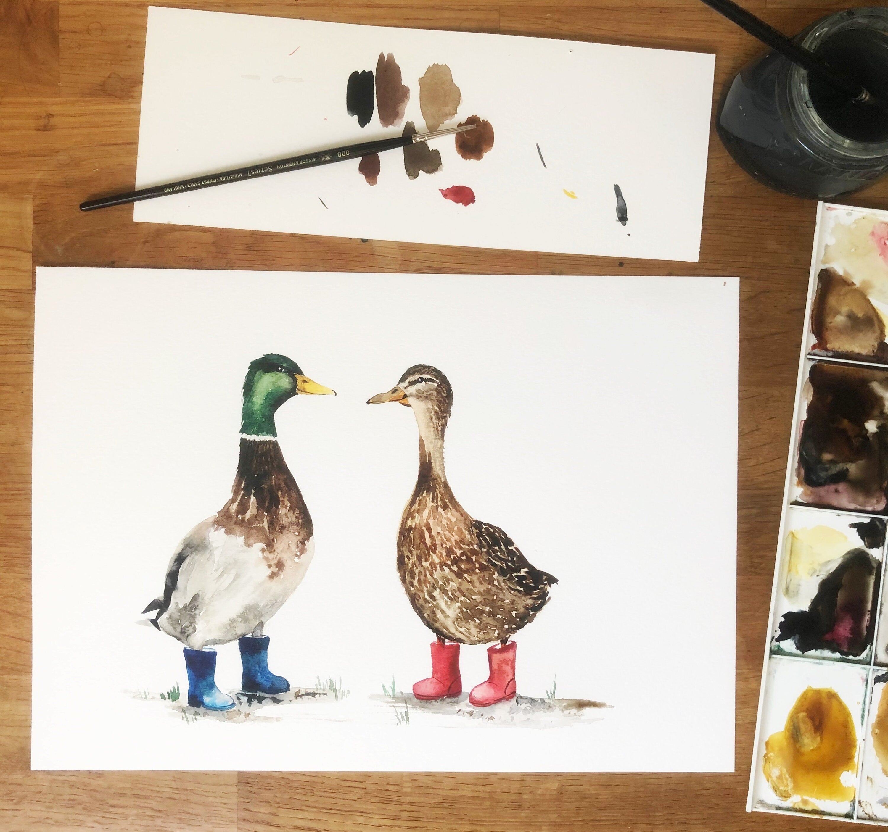Ducks in Wellies Watercolour Art Print