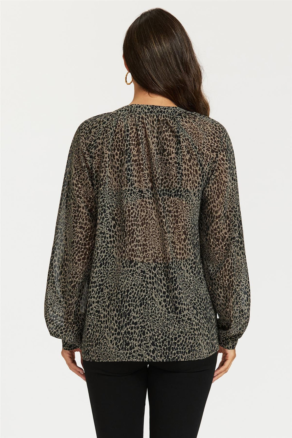 Gold Foil Leopard Print long sleeve Blouse Top In Black