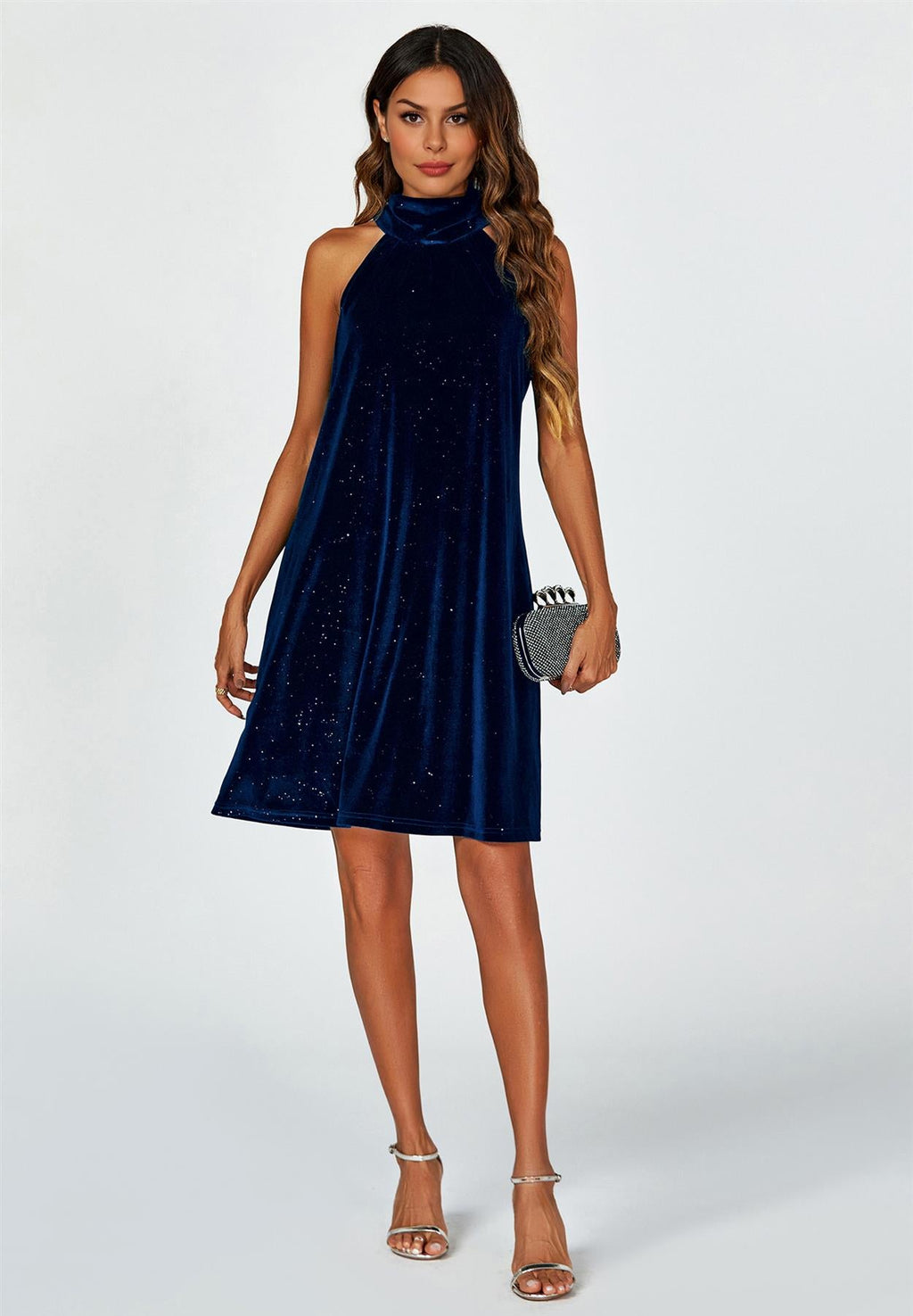 Silver Foil Velvet Halter Neck Tie Back Mini Dress In Navy