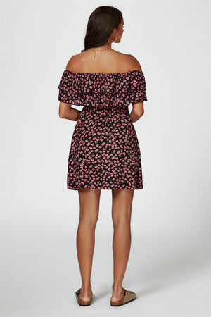 Floral Print Bardot Frill Mini Dress In Black