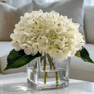 Hydrangeas Floral Arrangement in Square Glass Vase