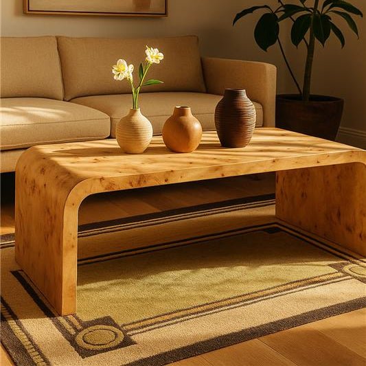 Natural Burl Wood Curved Coffee Table with Smooth Curved Edges, Mota - Miola