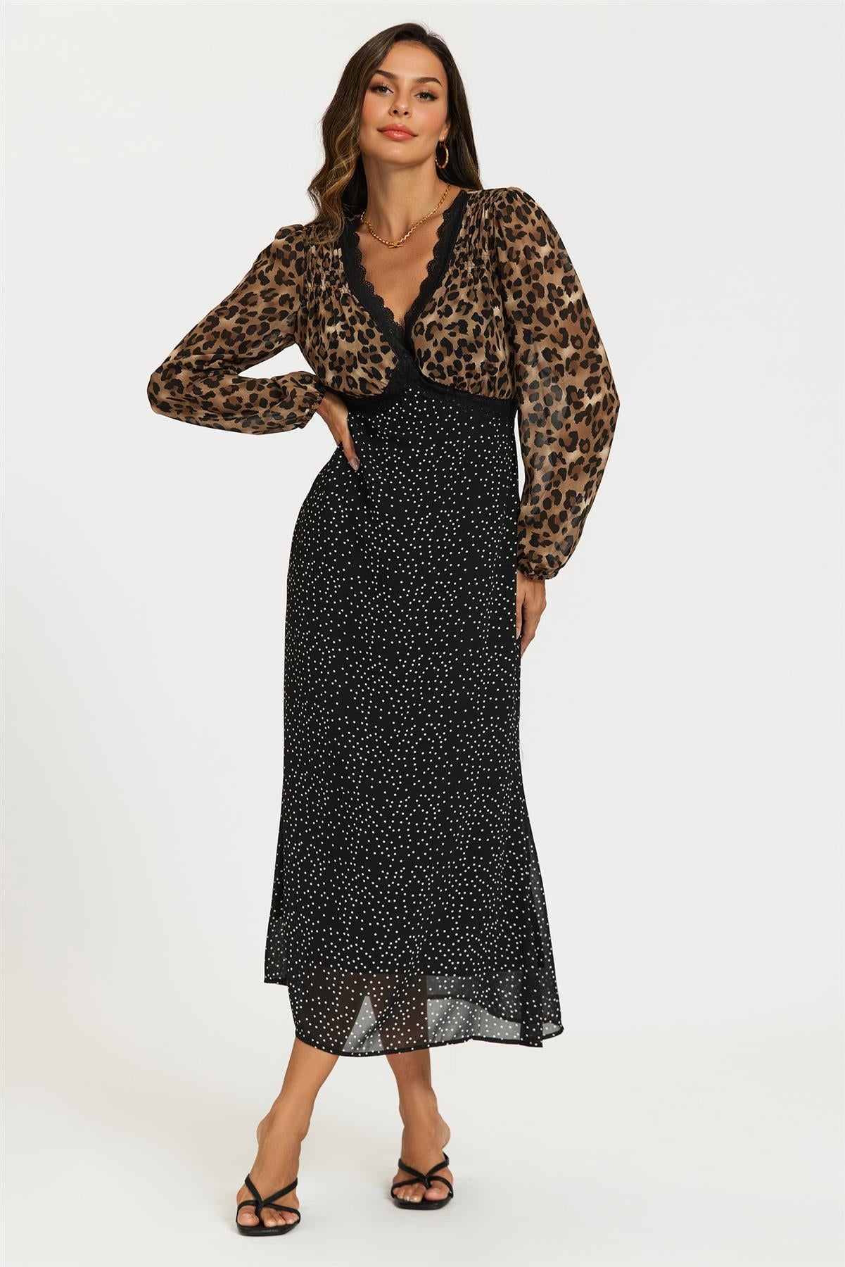 Black Dot & Brown Leopard Print Long Sleeve Maxi Dress