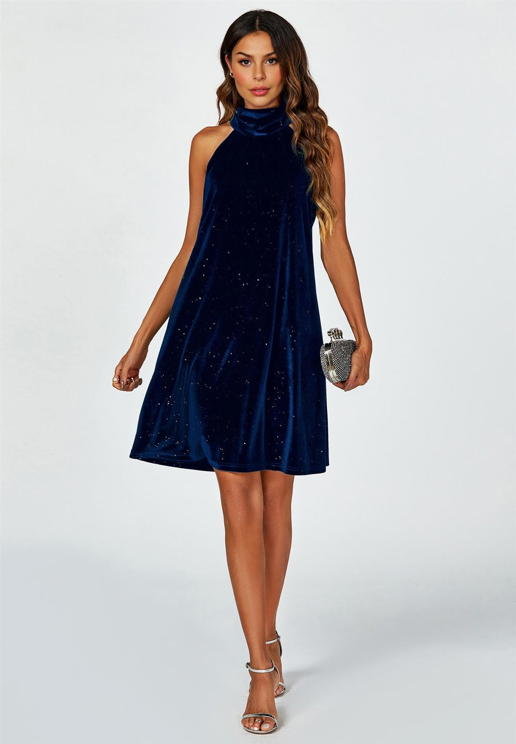 Silver Foil Velvet Halter Neck Tie Back Mini Dress In Navy
