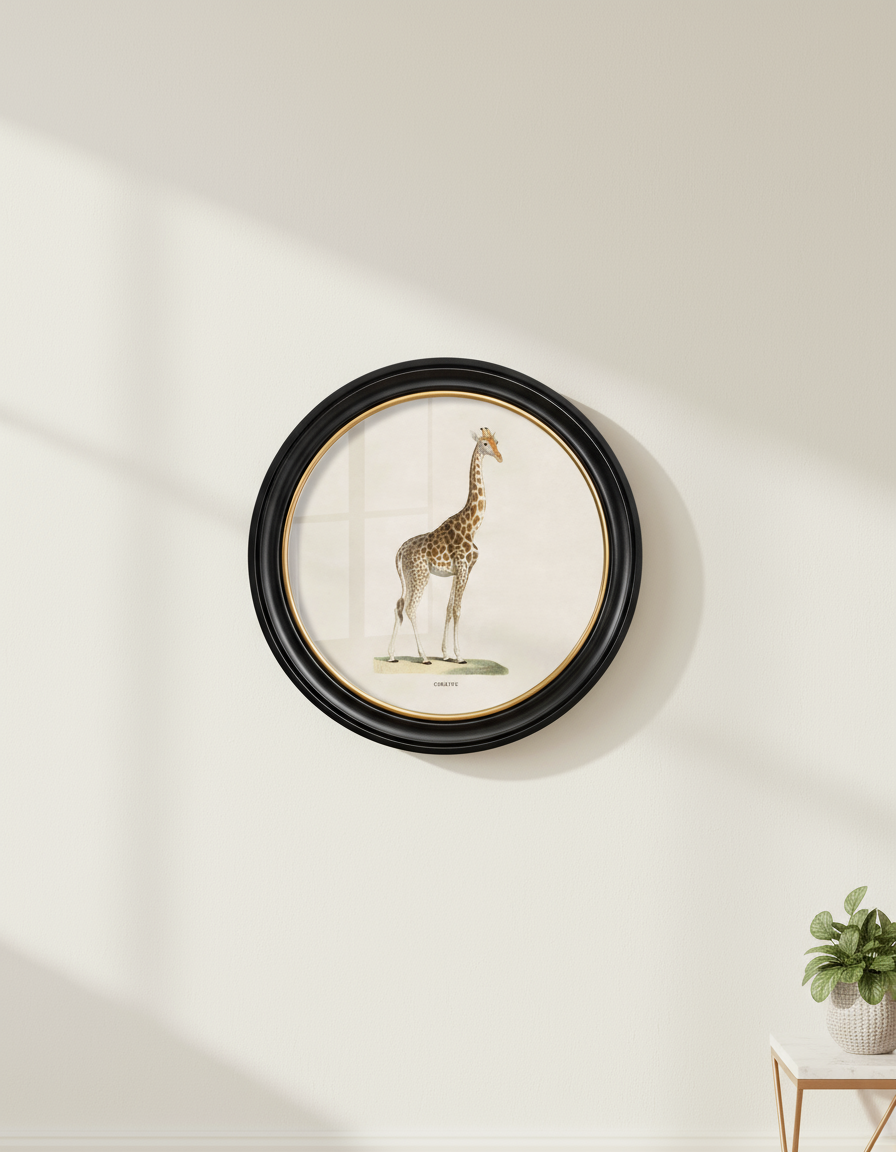 Framed artwork of a giraffe on a white wall
