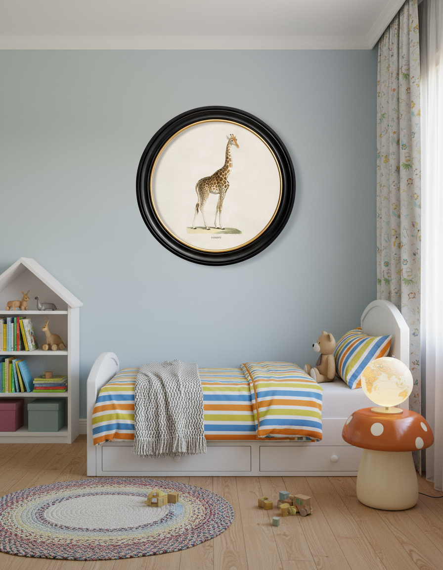 Children's bedroom with a bed, bookshelf, and wall art.