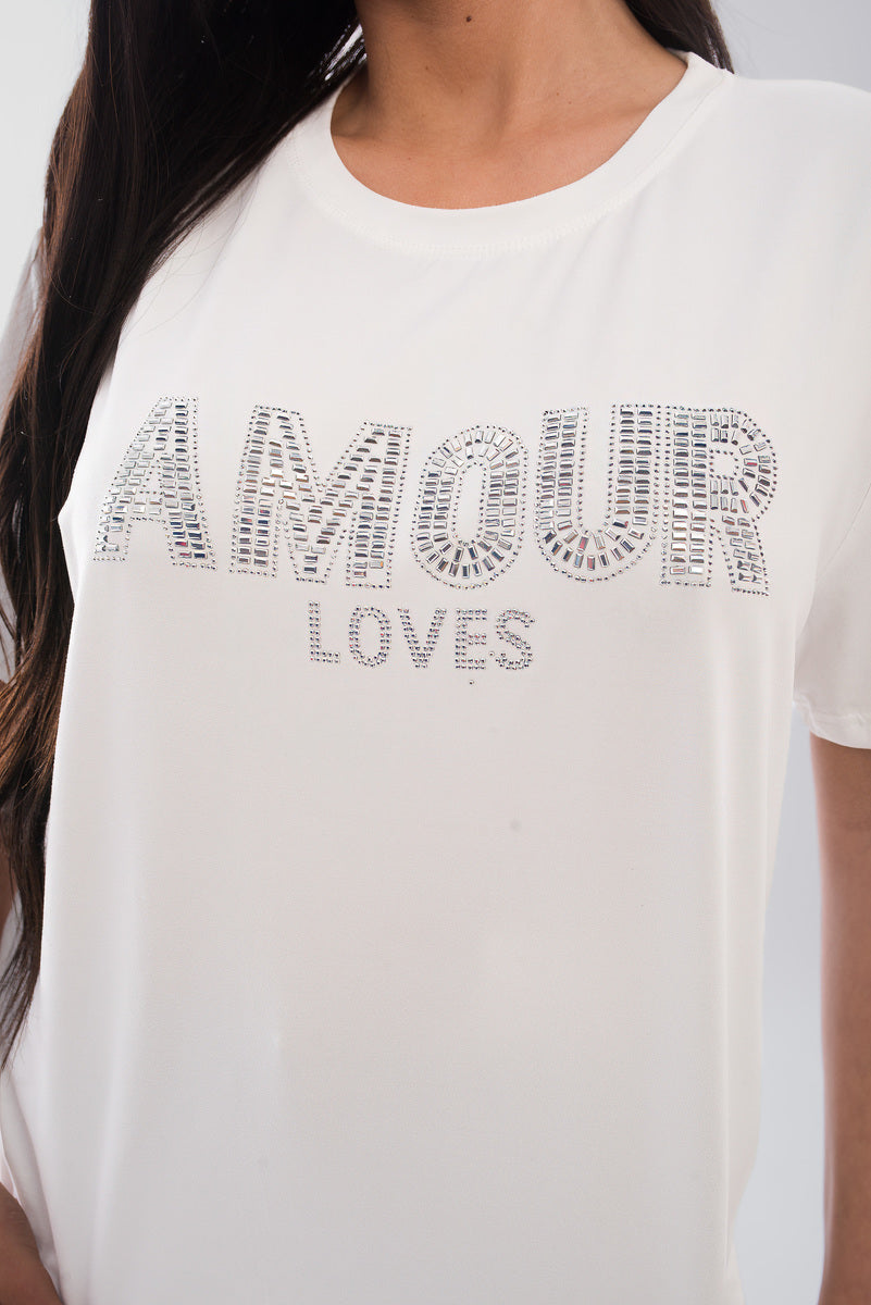 Amour Embellished Print Round Neck Top