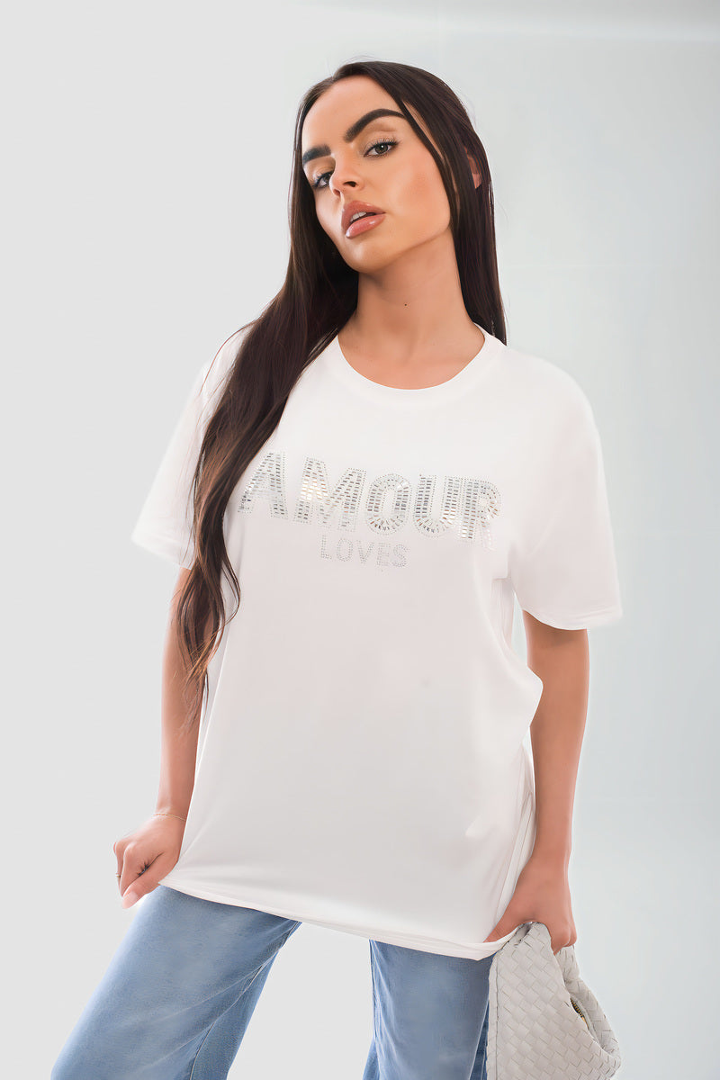 Amour Embellished Print Round Neck Top