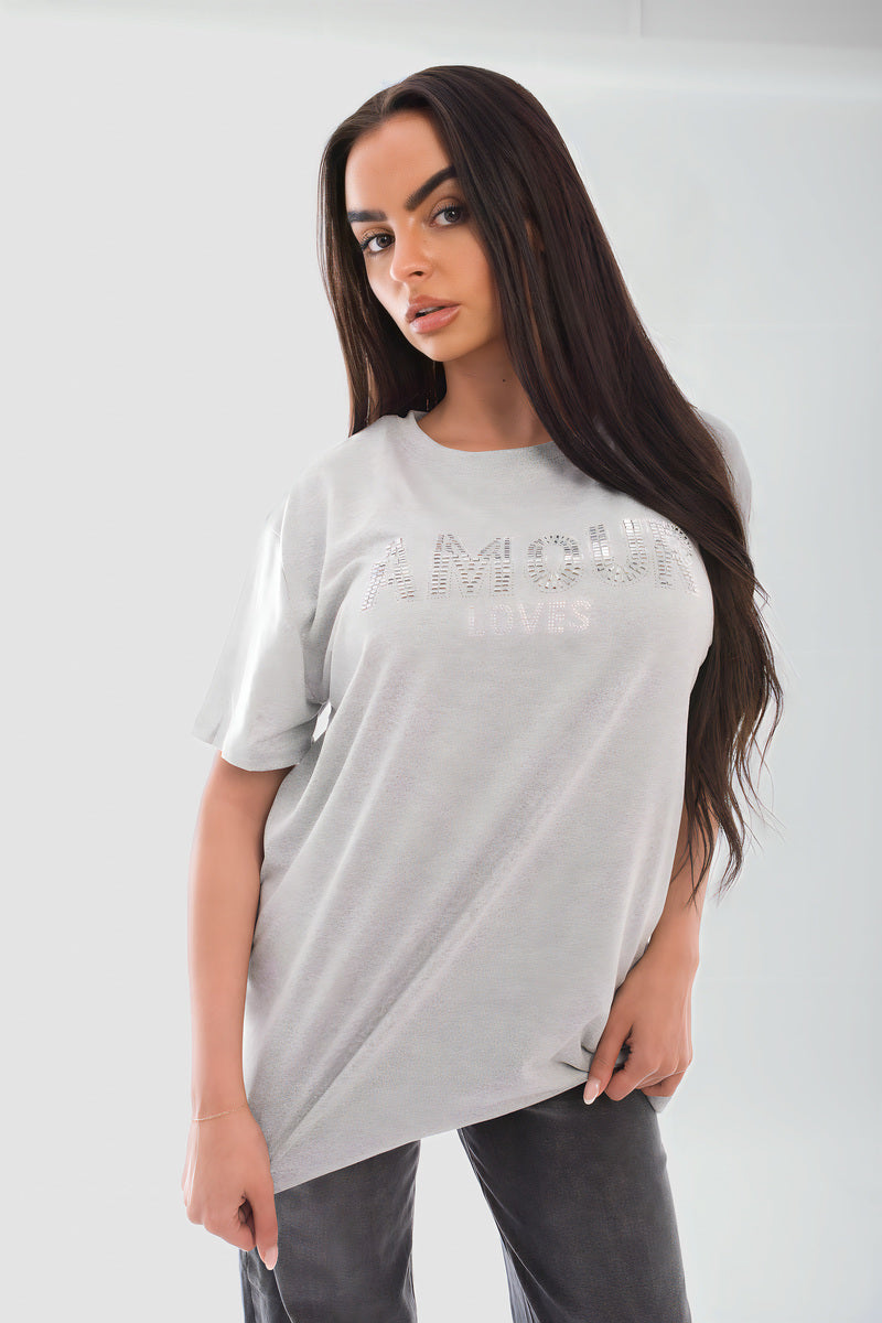 Amour Embellished Print Round Neck Top