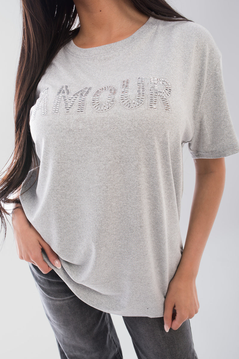 Amour Embellished Print Round Neck Top