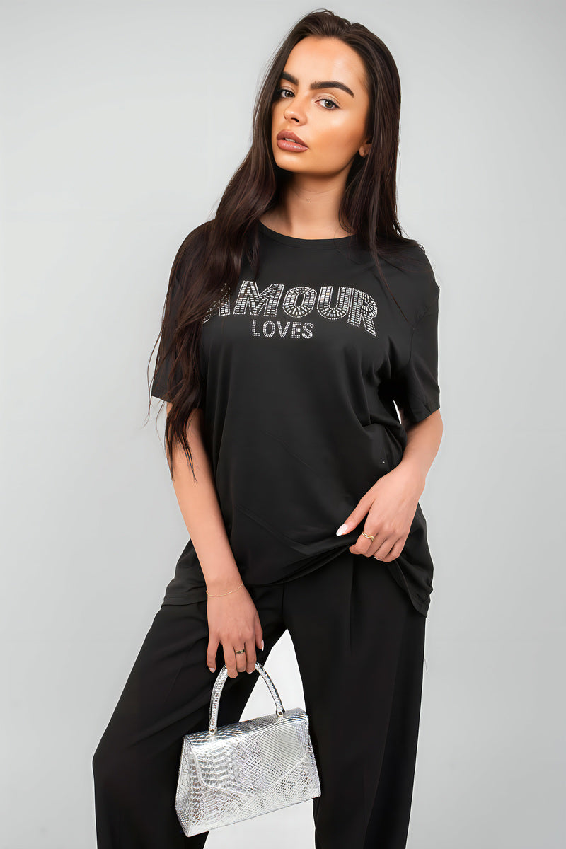 Amour Embellished Print Round Neck Top