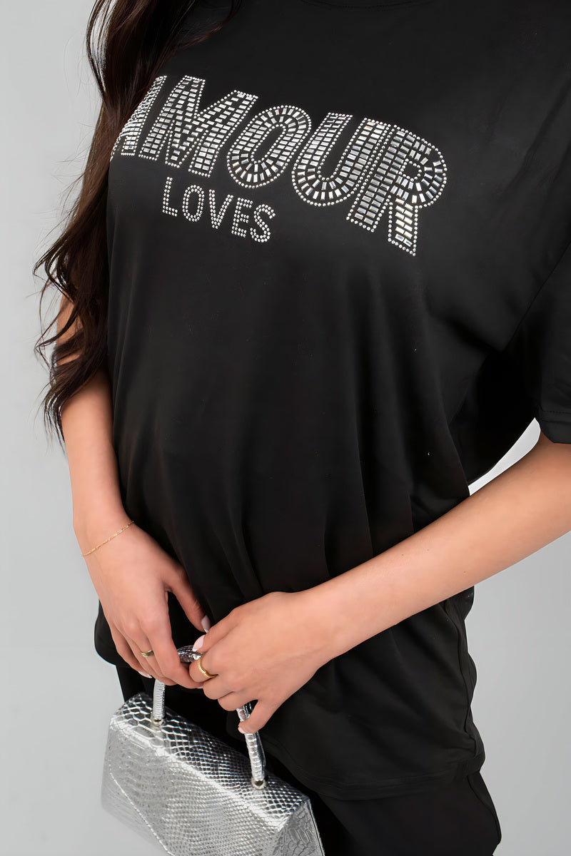 Amour Embellished Print Round Neck Top