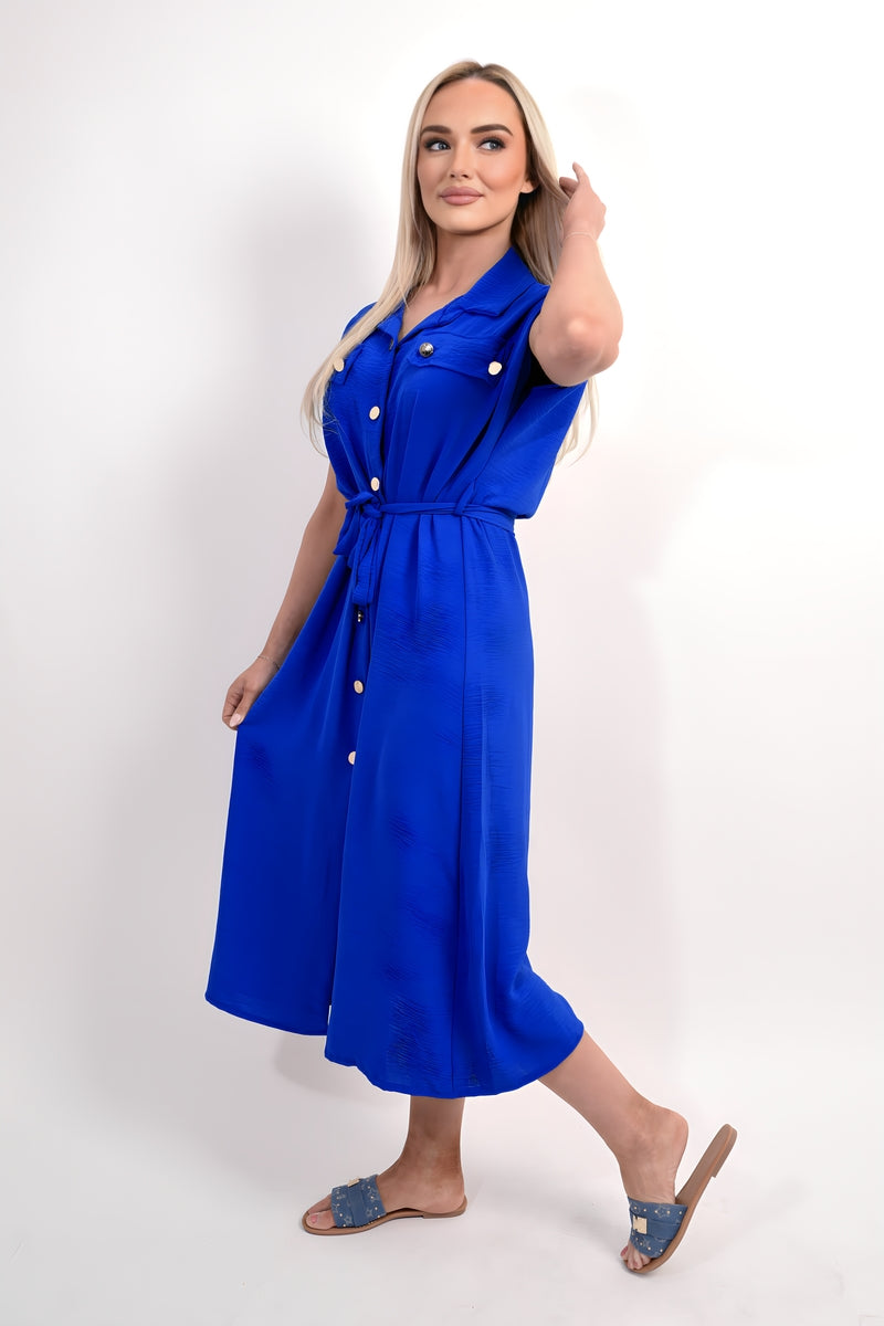 Collared Button Down Short Sleeve Tie Waist Midi Dress