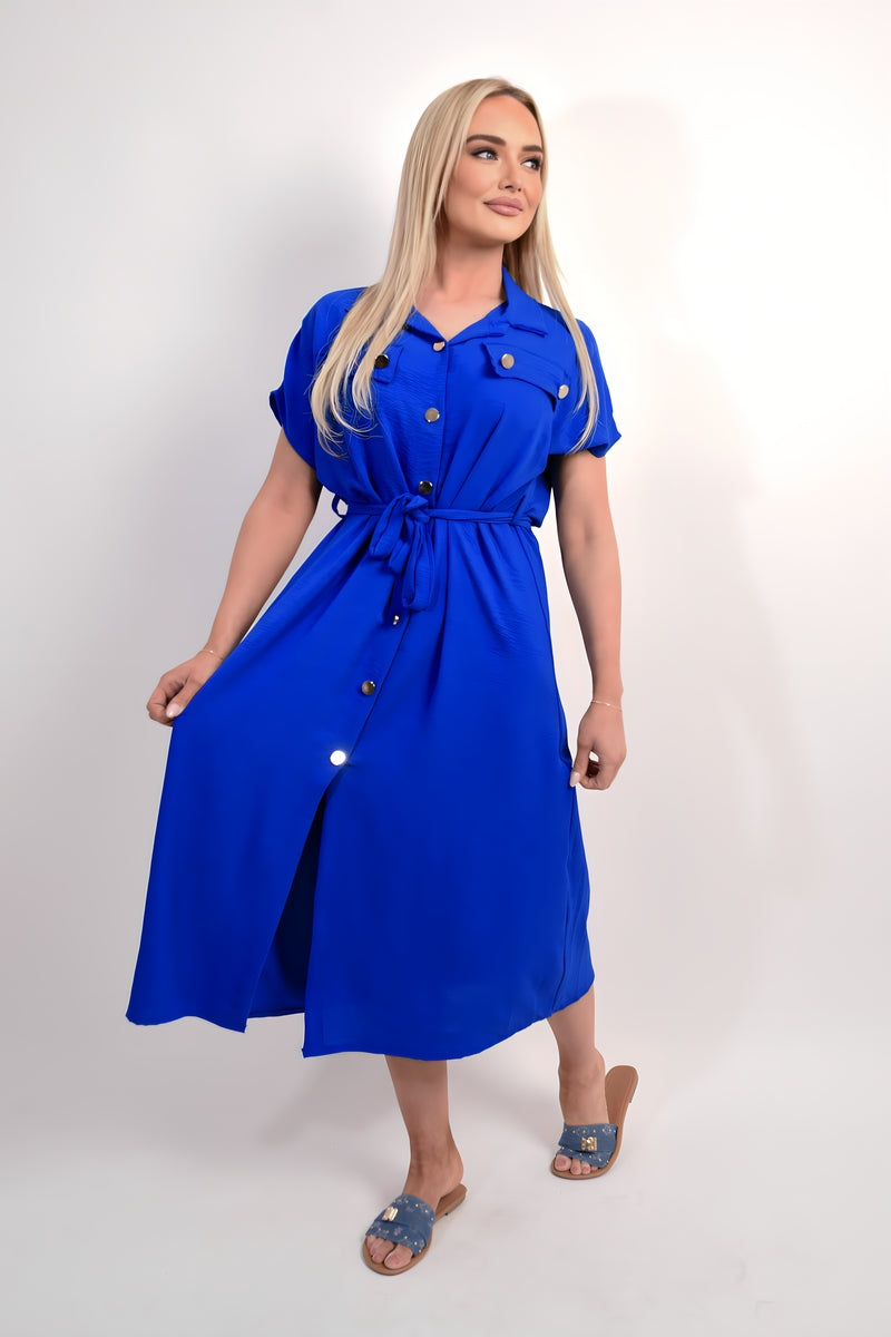 Collared Button Down Short Sleeve Tie Waist Midi Dress