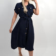 Load image into Gallery viewer, Collared Button Down Short Sleeve Tie Waist Midi Dress
