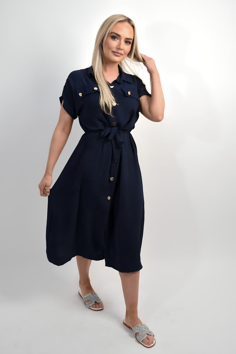 Collared Button Down Short Sleeve Tie Waist Midi Dress