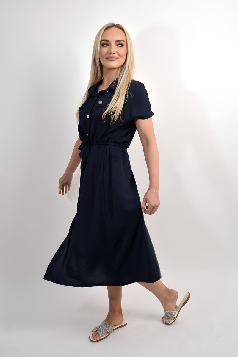 Collared Button Down Short Sleeve Tie Waist Midi Dress