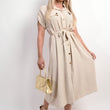 Load image into Gallery viewer, Collared Button Down Short Sleeve Tie Waist Midi Dress
