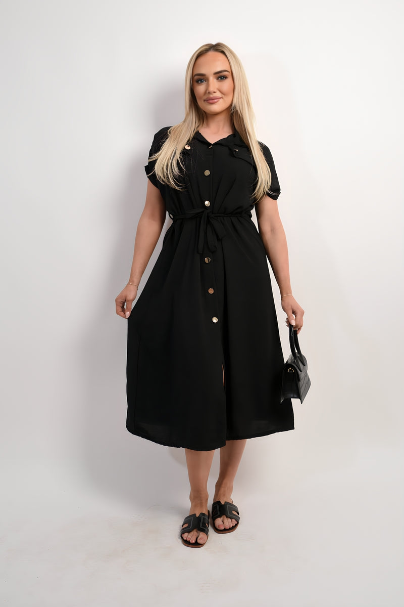 Collared Button Down Short Sleeve Tie Waist Midi Dress