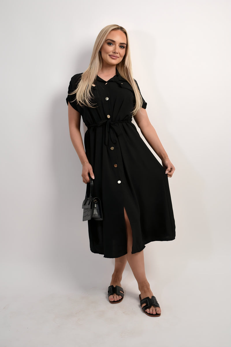 Collared Button Down Short Sleeve Tie Waist Midi Dress