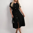 Load image into Gallery viewer, Collared Button Down Short Sleeve Tie Waist Midi Dress
