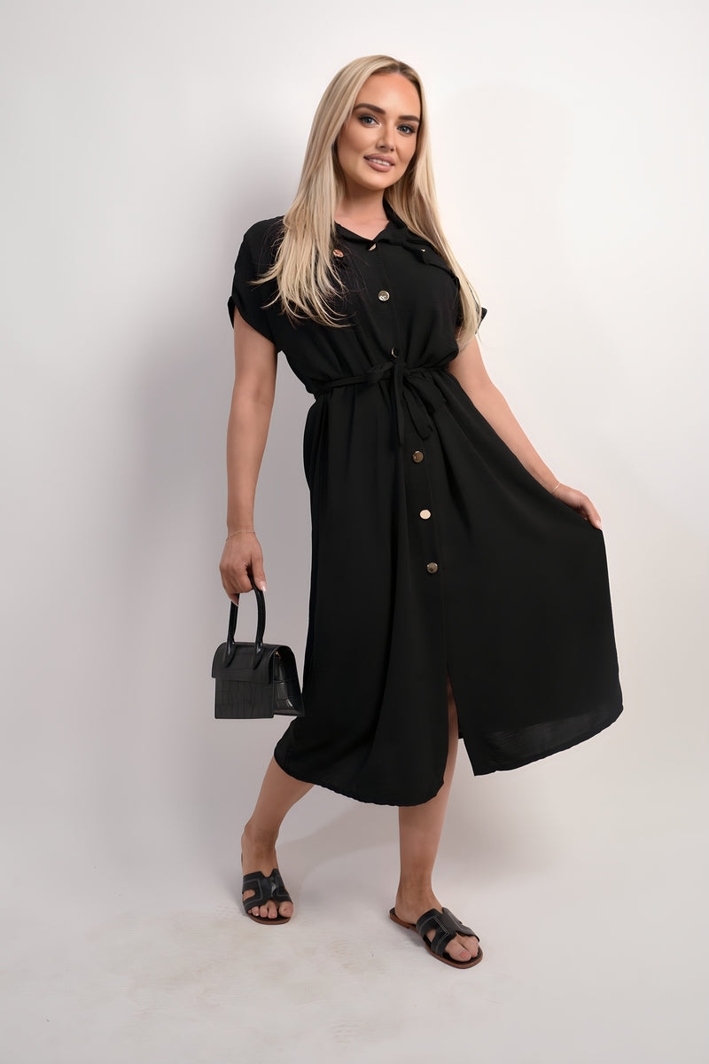 Collared Button Down Short Sleeve Tie Waist Midi Dress
