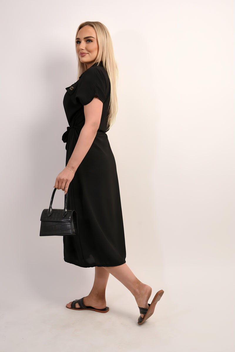 Collared Button Down Short Sleeve Tie Waist Midi Dress