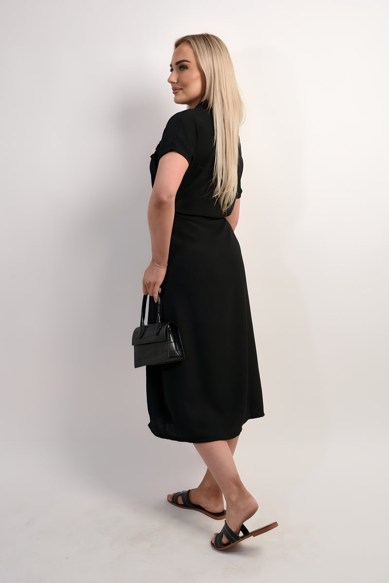 Collared Button Down Short Sleeve Tie Waist Midi Dress