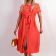 Load image into Gallery viewer, Collared Button Down Short Sleeve Tie Waist Midi Dress
