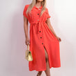 Load image into Gallery viewer, Collared Button Down Short Sleeve Tie Waist Midi Dress
