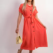Load image into Gallery viewer, Collared Button Down Short Sleeve Tie Waist Midi Dress
