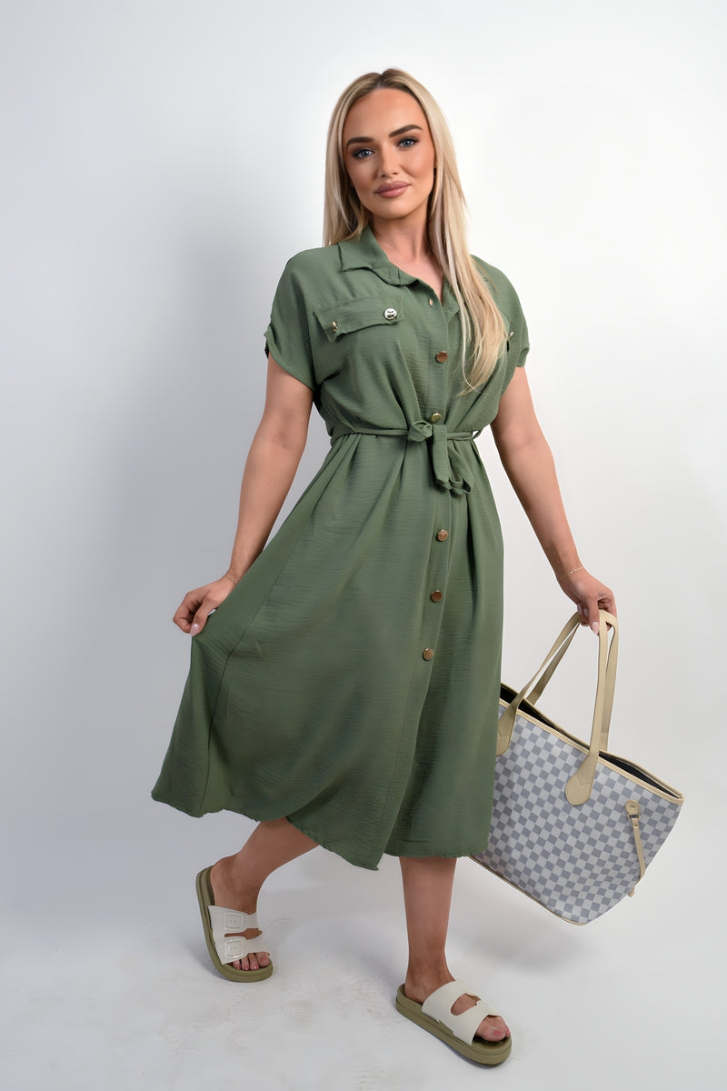 Collared Button Down Short Sleeve Tie Waist Midi Dress