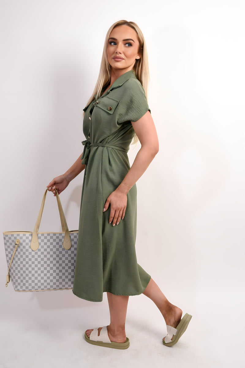 Collared Button Down Short Sleeve Tie Waist Midi Dress