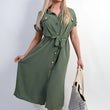Load image into Gallery viewer, Collared Button Down Short Sleeve Tie Waist Midi Dress
