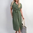 Load image into Gallery viewer, Collared Button Down Short Sleeve Tie Waist Midi Dress
