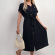 Load image into Gallery viewer, Collared Button Down Short Sleeve Tie Waist Midi Dress
