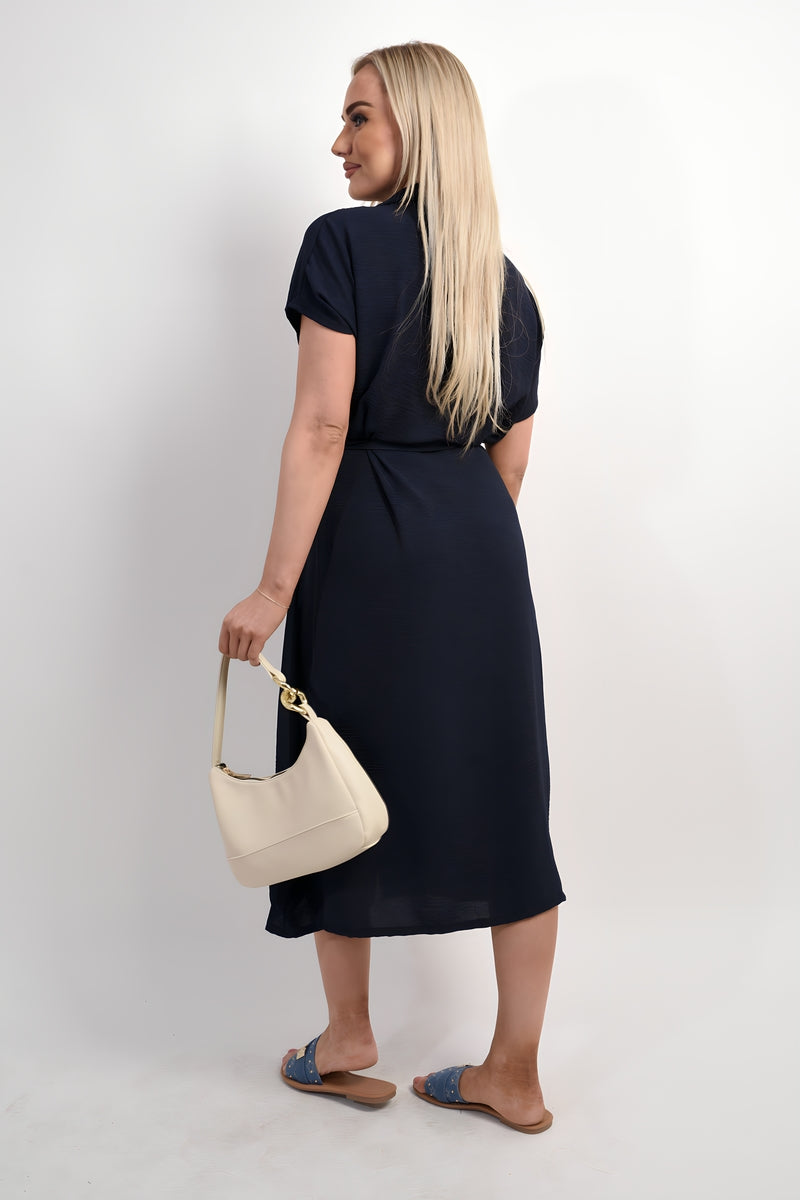 Collared Button Down Short Sleeve Tie Waist Midi Dress