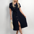 Load image into Gallery viewer, Collared Button Down Short Sleeve Tie Waist Midi Dress
