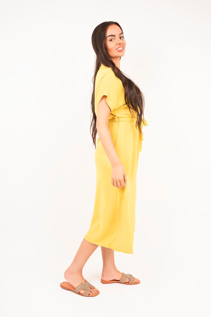 Collared Button Down Short Sleeve Tie Waist Midi Dress