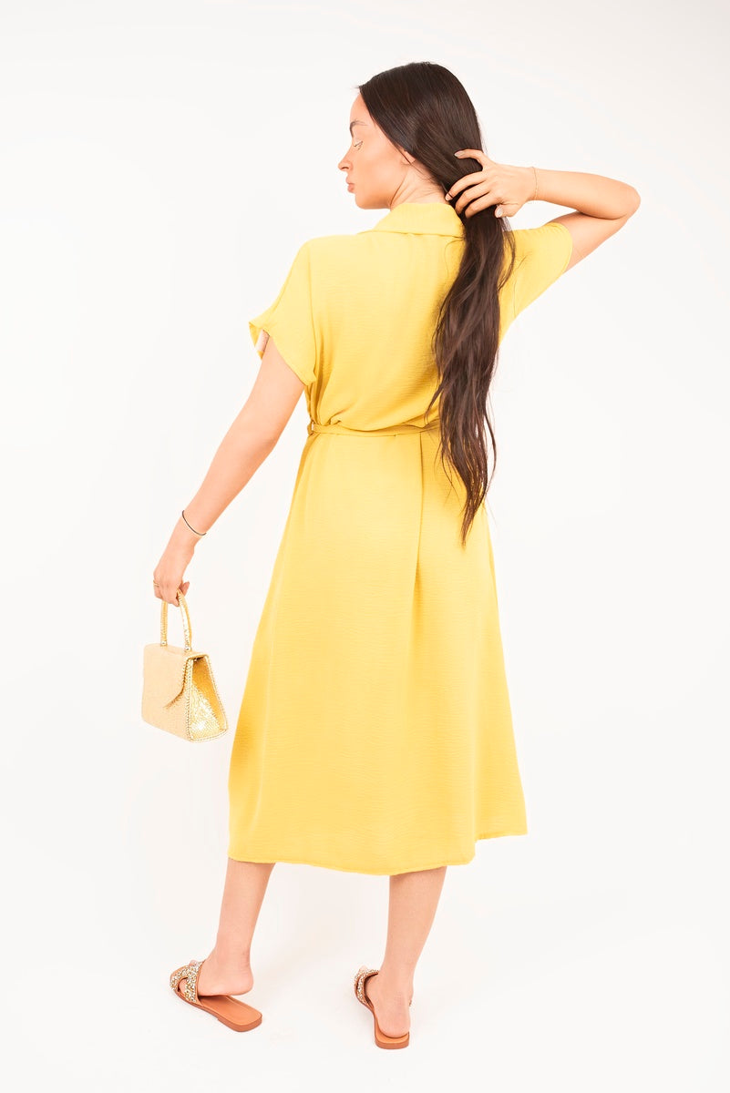 Collared Button Down Short Sleeve Tie Waist Midi Dress