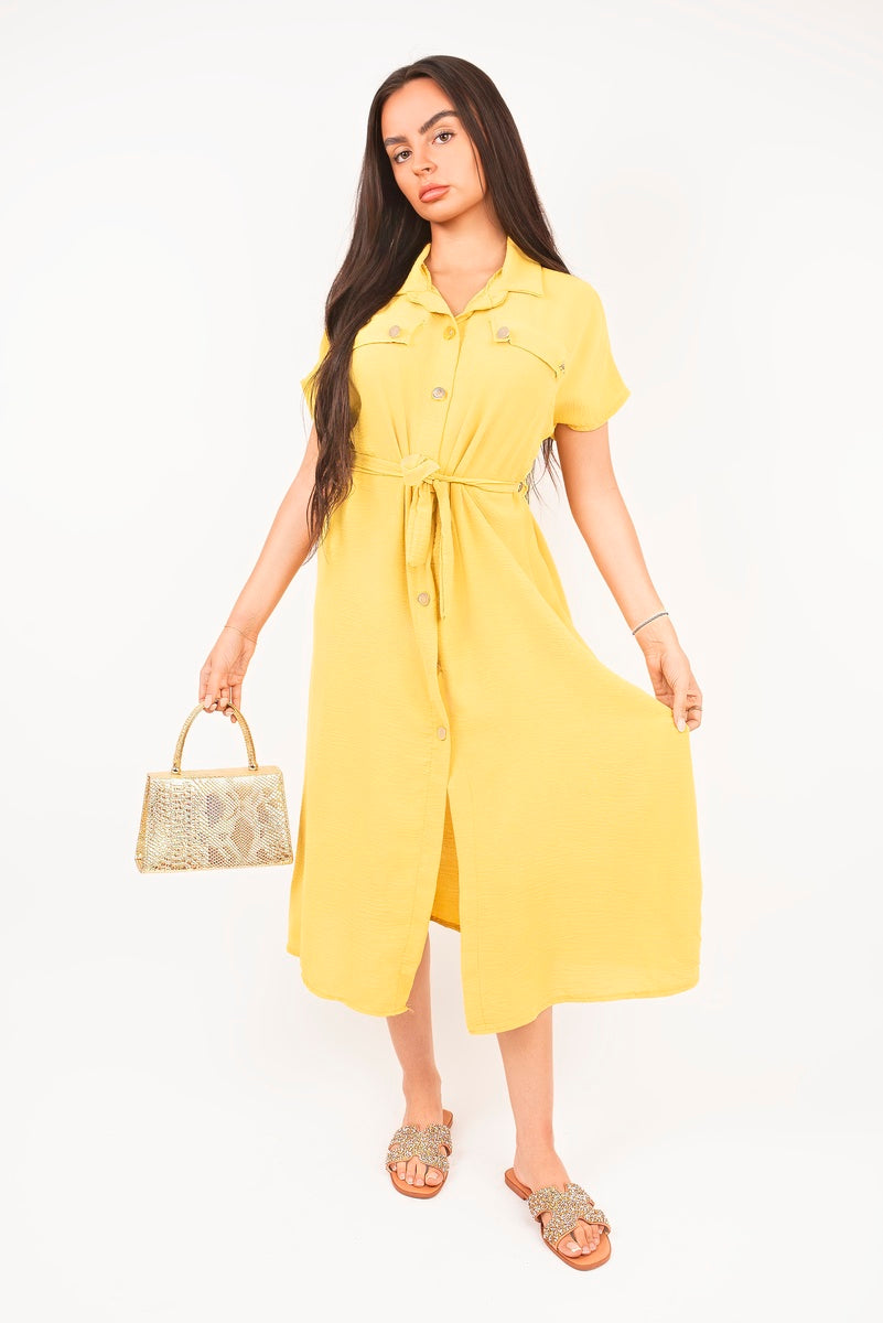 Collared Button Down Short Sleeve Tie Waist Midi Dress