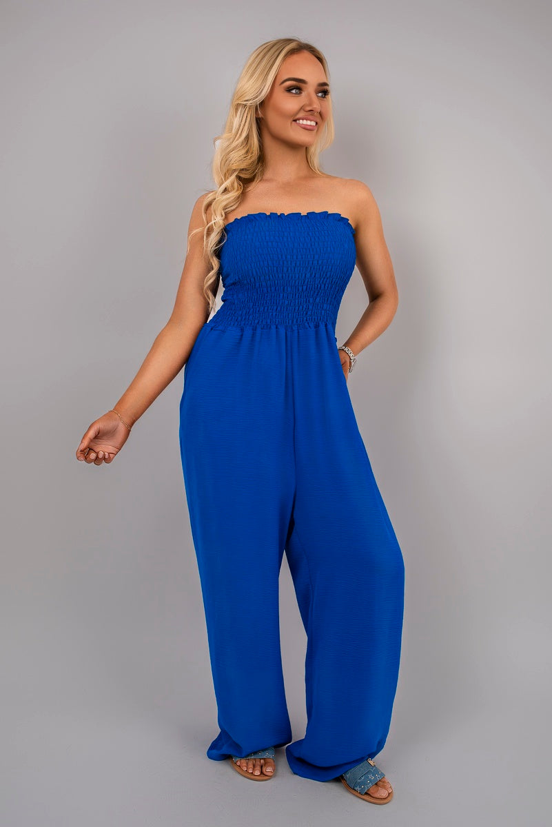 Strapless Shirred Bandeau Wide Leg Jumpsuit