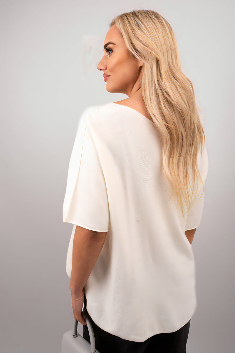 Short Sleeve V-Neck Oversized Rhinestone Heart Detail Top