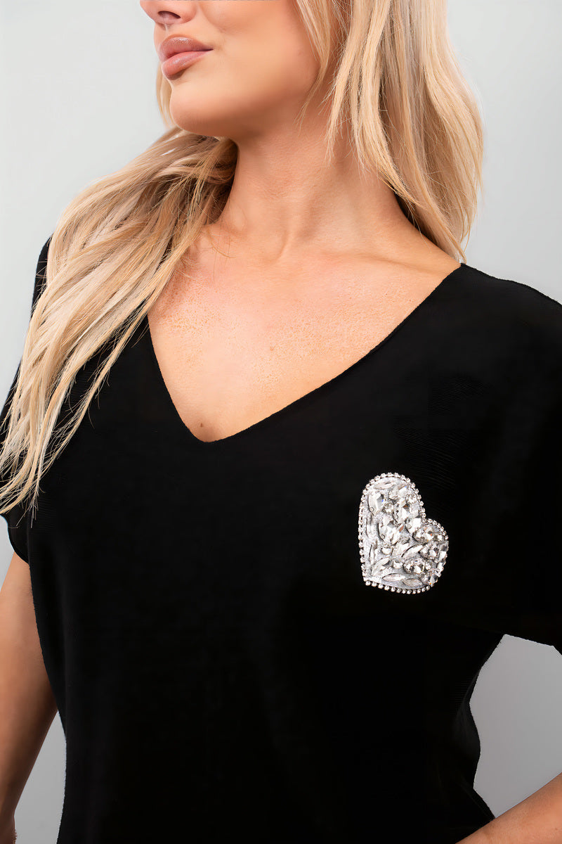 Short Sleeve V-Neck Oversized Rhinestone Heart Detail Top