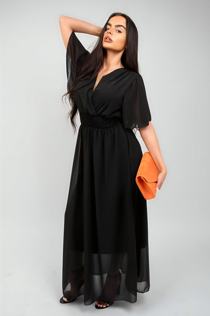 Smocked Waist V Neck Short Sleeve Flowy Maxi Dress