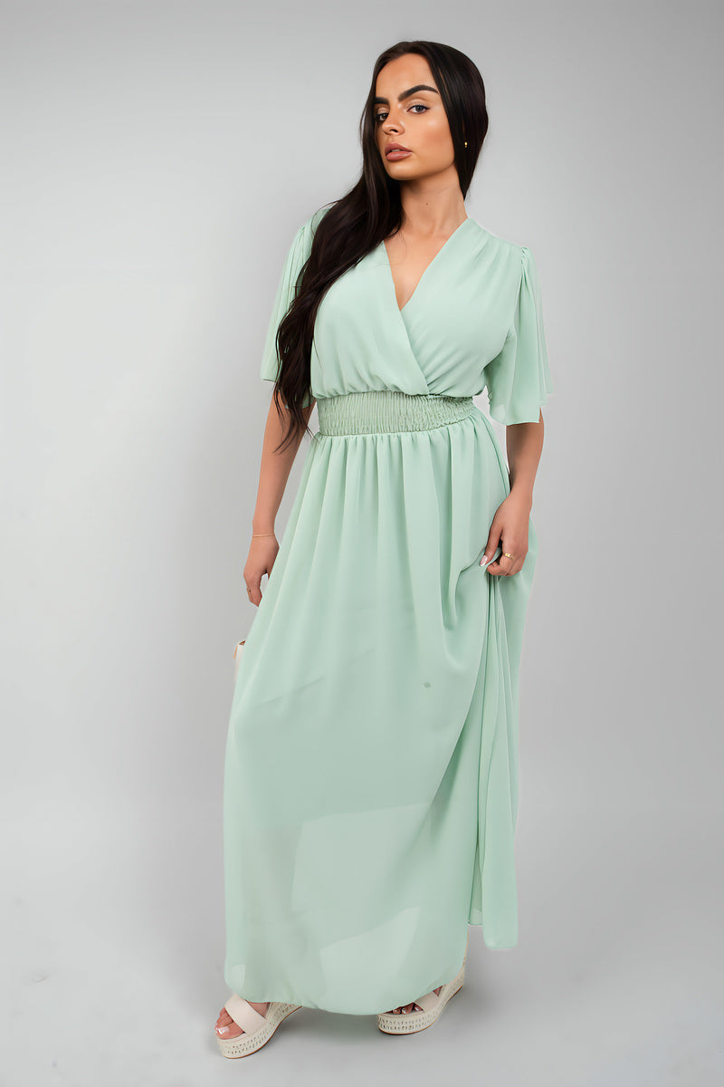 Smocked Waist V Neck Short Sleeve Flowy Maxi Dress