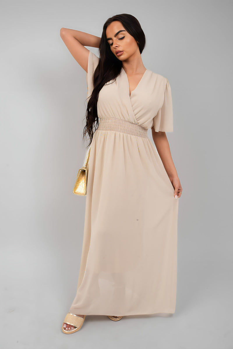 Smocked Waist V Neck Short Sleeve Flowy Maxi Dress
